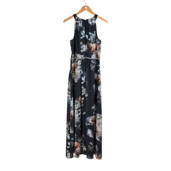 SLNY Black Floral Halter Top Sleeveless Belted Lined Zip Up Maxi Dress Pockets - Picture 9 of 11